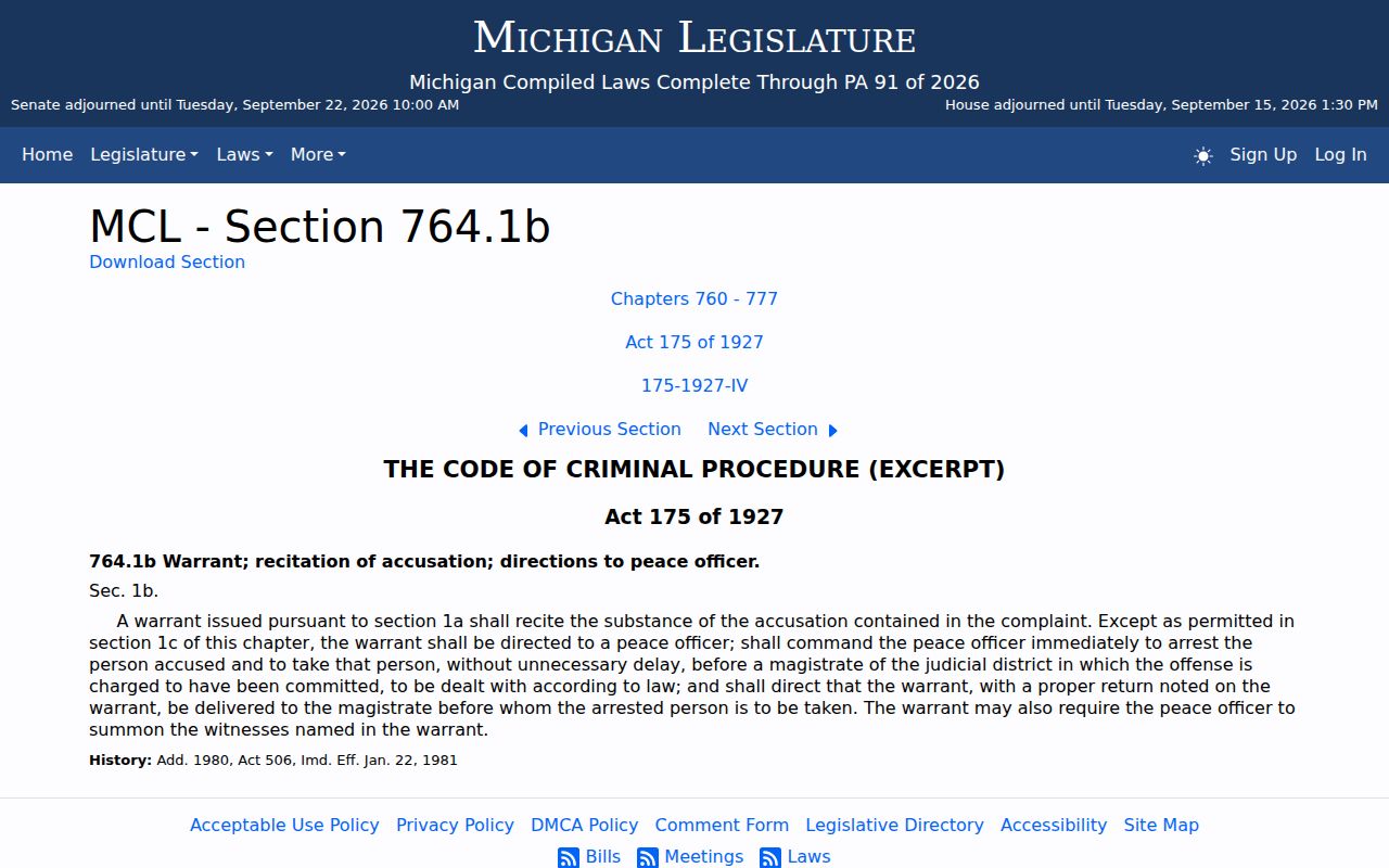 MCL 764.1b, the Michigan statute describing the contents of an Osceola County arrest warrant