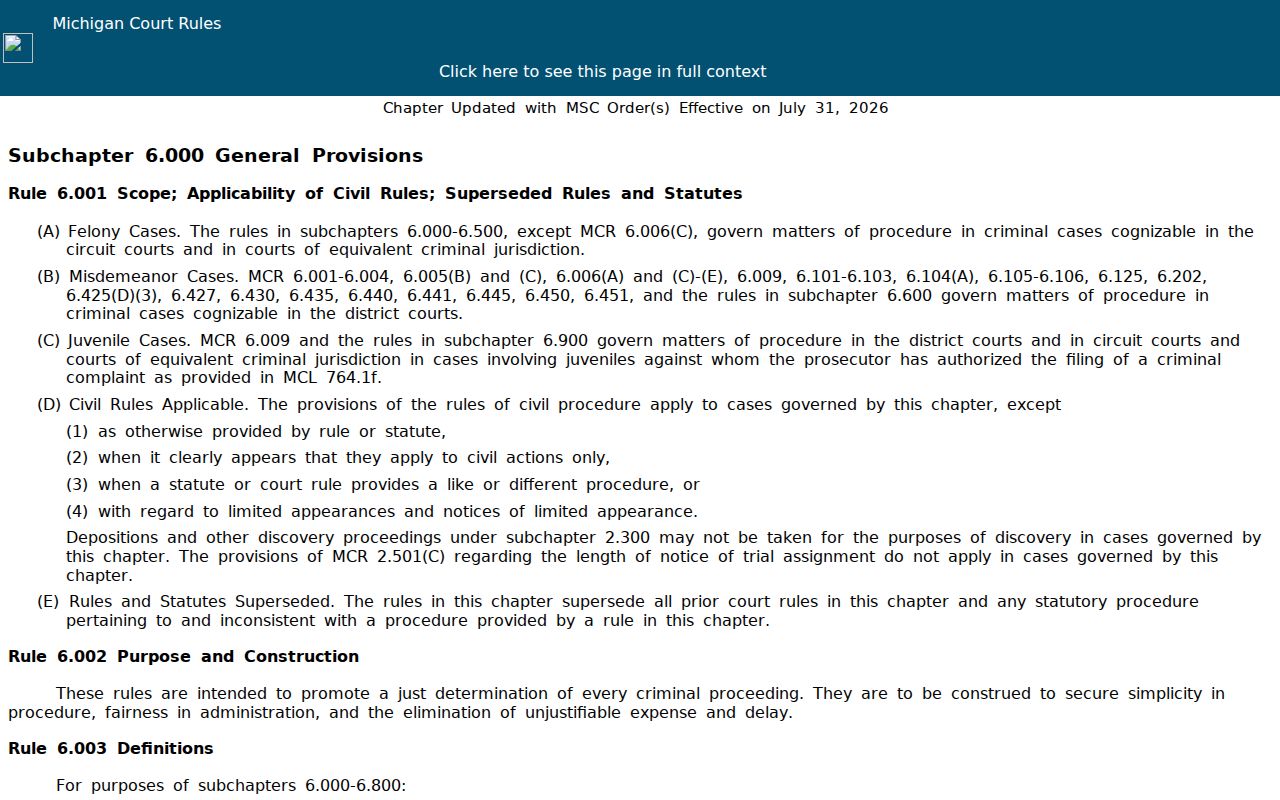 Michigan Court Rules Chapter 6, the failure-to-appear and bench warrant rules used in Osceola County