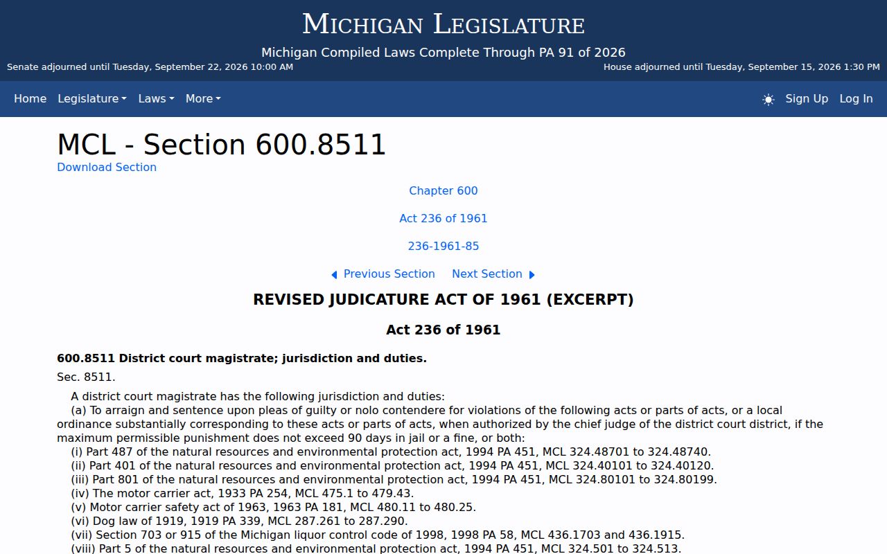 MCL 600.8511 on district magistrate warrant authority for city cases in Osceola County