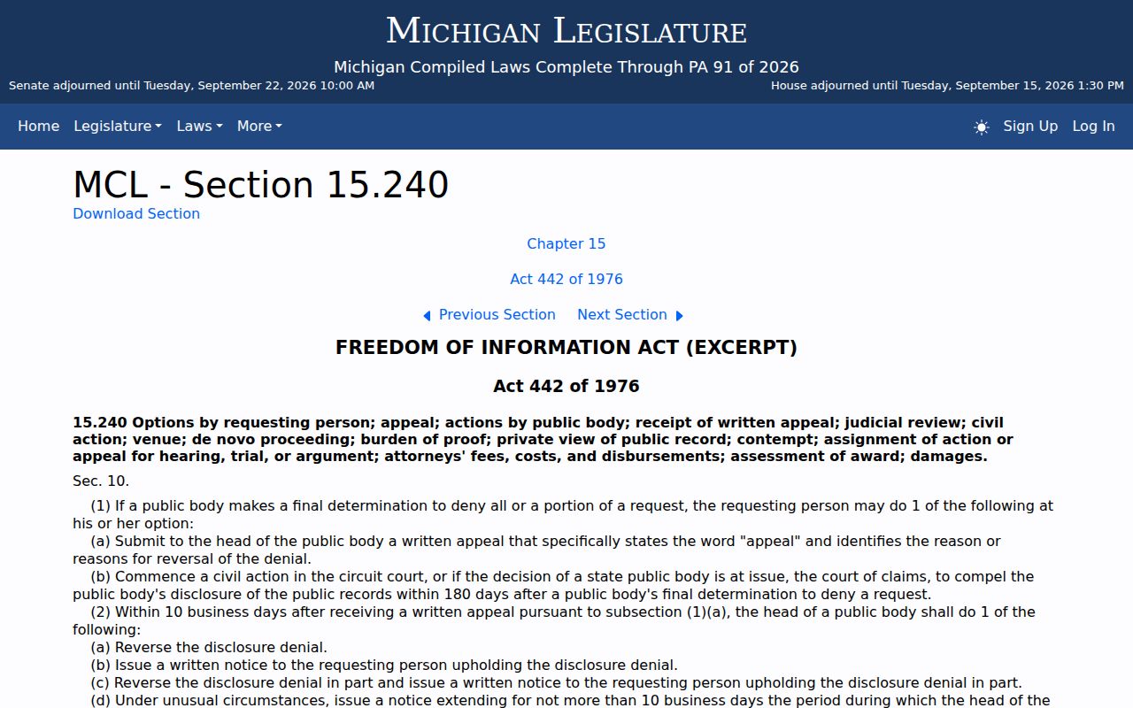 Michigan FOIA appeal statute used when an Osceola County warrant record request is denied