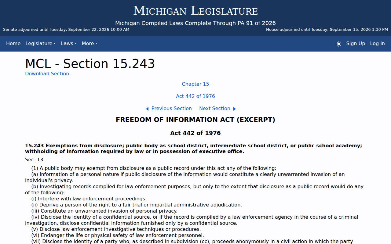 Michigan FOIA exemption statute that limits Osceola County municipal warrant record requests