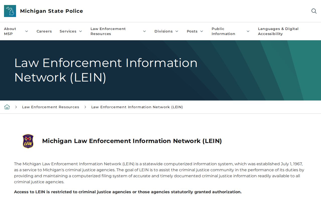 Michigan LEIN access page showing the restricted law enforcement network behind an Osceola County warrant lookup