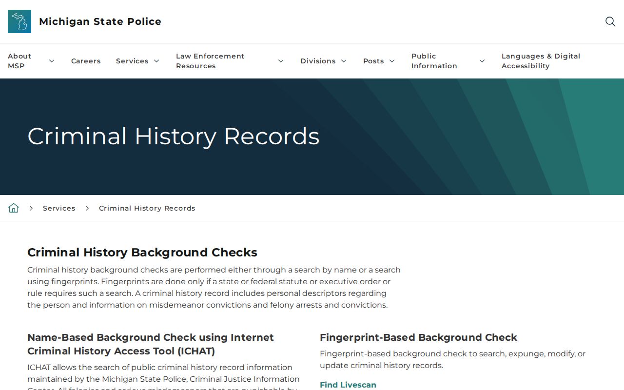 Michigan ICHAT criminal history page, which does not report Osceola County warrant status