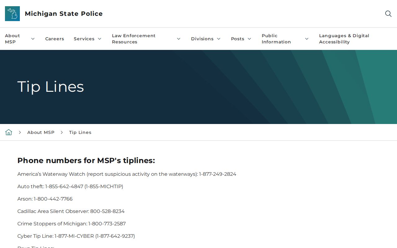 Michigan State Police tip line page for statewide wanted programs that cover Osceola County