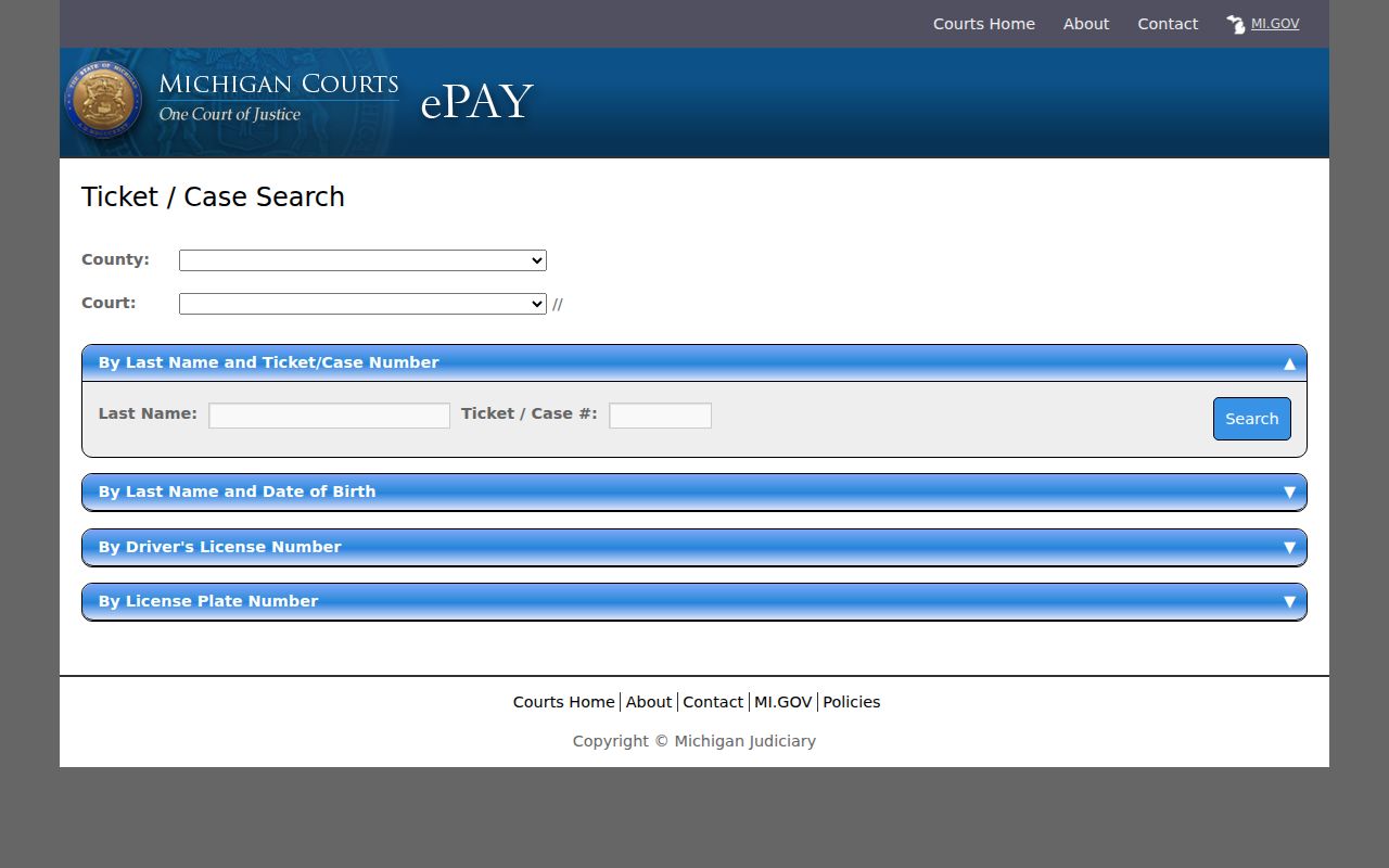 Michigan ePAY ticket search panels used for Osceola County traffic warrant questions